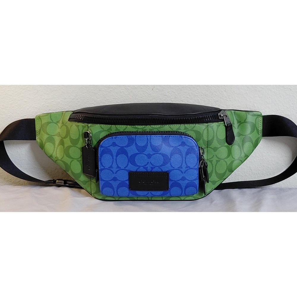 Coach Track Belt Bag Blocked Signature Canvas Green Blue Crossbody NWOT